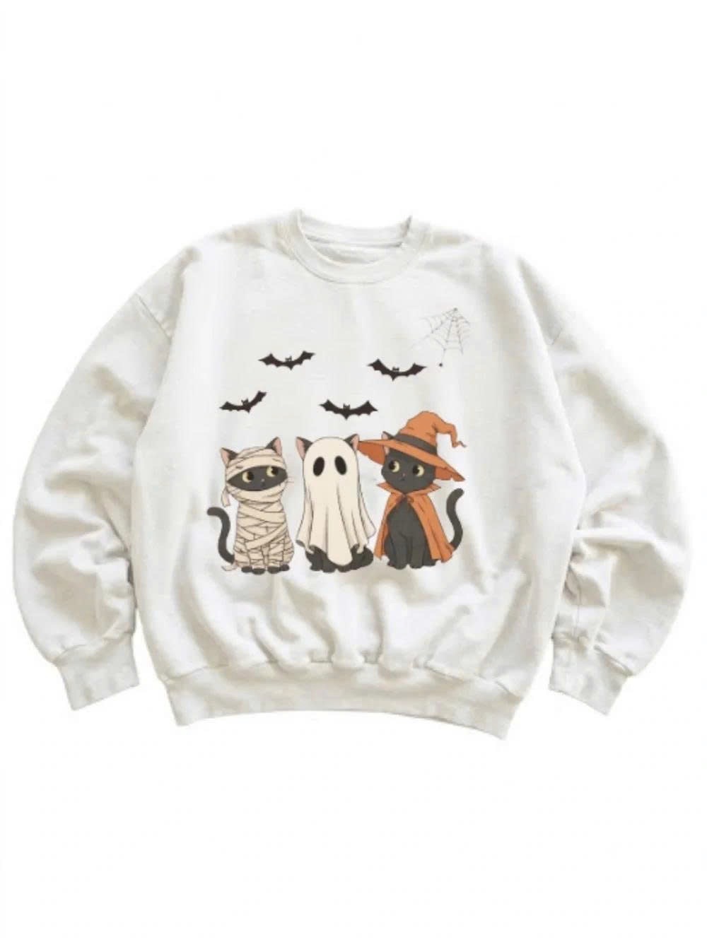 White Halloween Cats Graphic Crewneck Sweater